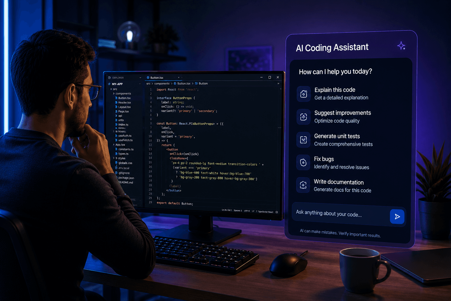 Software engineer collaborating with an AI coding assistant across multiple monitors.
