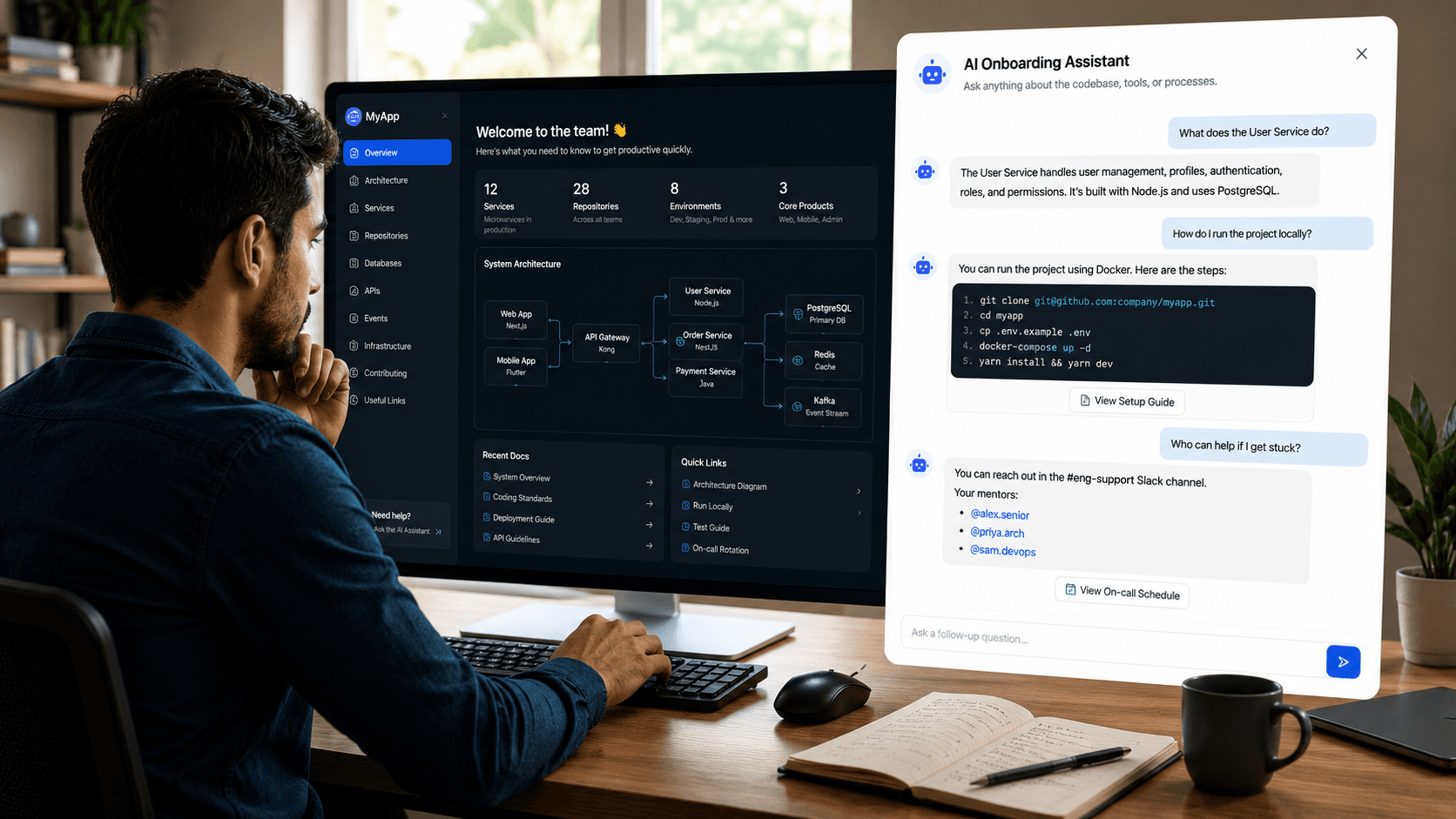 Developer using AI assistant to understand an enterprise codebase.