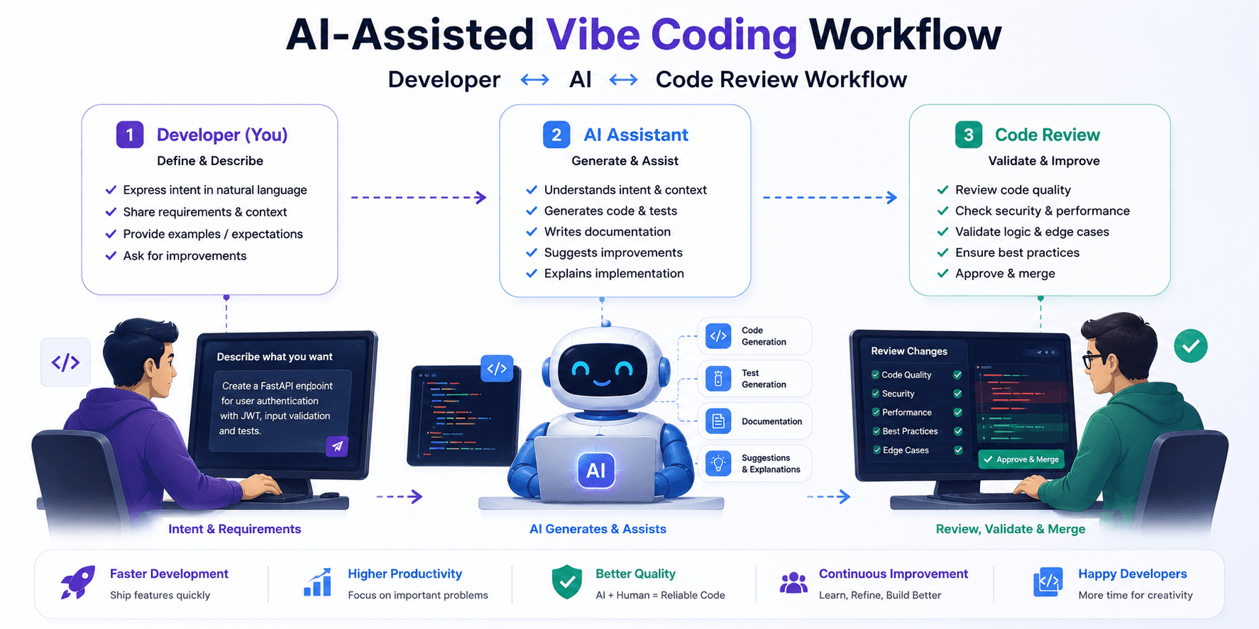 Developer collaborating with an AI coding assistant to generate software features.