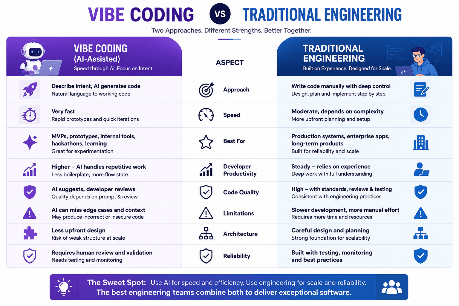 Comparison between AI-assisted vibe coding and traditional software engineering.